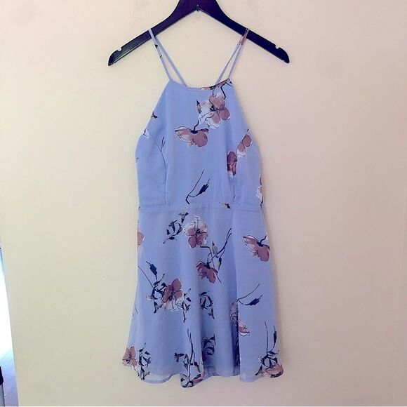 Lulu's Floral High Neck Periwinkle Lace Up Back Flowy Skater Mini Dress Large - Picture 8 of 10